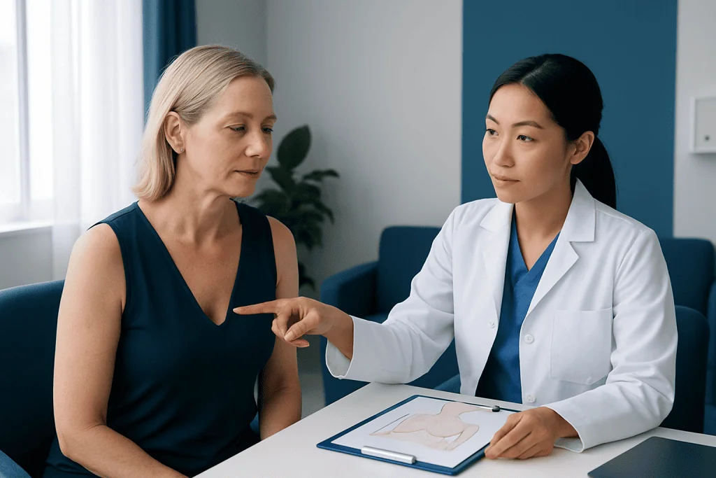 Medical consultation about decolletage with doctor and patient in clinic.