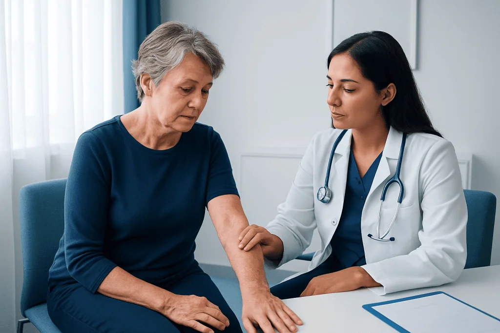 Doctor examining elderly woman's arm in a medical consultation.