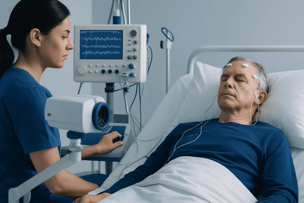 Patient undergoing sleep study for Parkinson's sleep disorders at Acibadem Hospital.