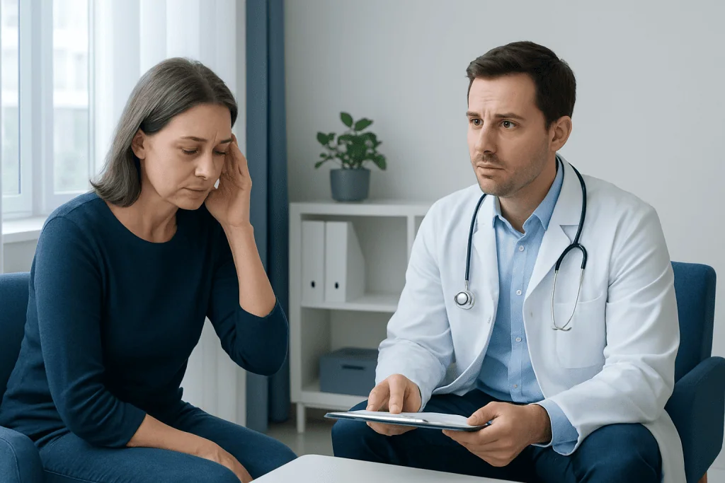 Doctor consulting with a worried woman in a medical office.
