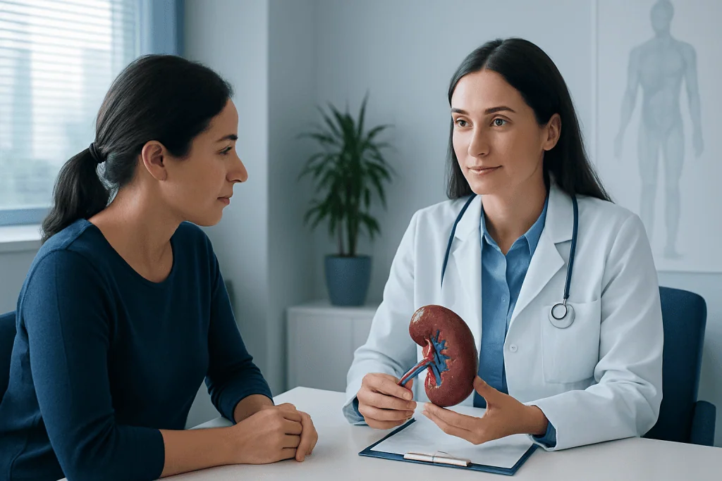 Doctor explaining spleen health to patient in a medical consultation.