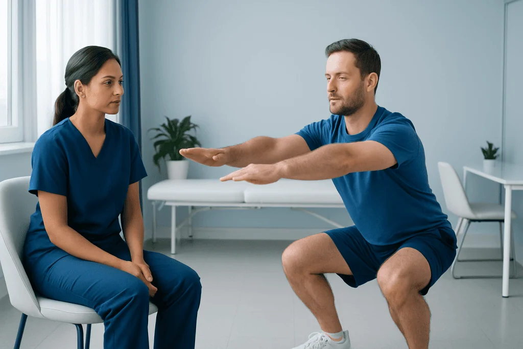 Physical therapy session focusing on proper squat form with a trainer and patient.