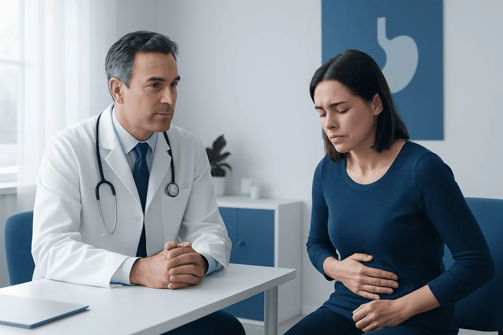 Doctor consulting with a woman experiencing stomach pain in a medical office.