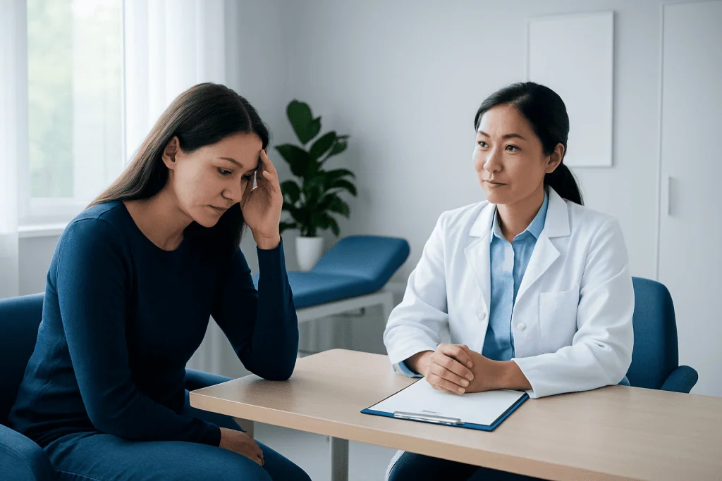 Patient consulting with doctor about health concerns at clinic.