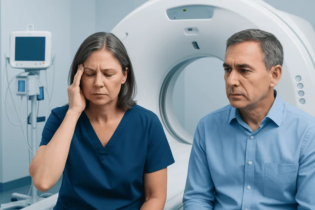 Woman experiencing headache in medical imaging room with man beside her.