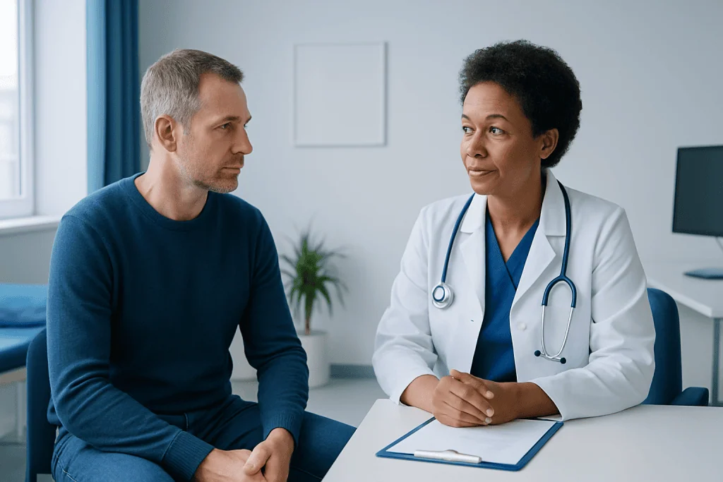 Doctor consulting with male patient in a modern medical office.