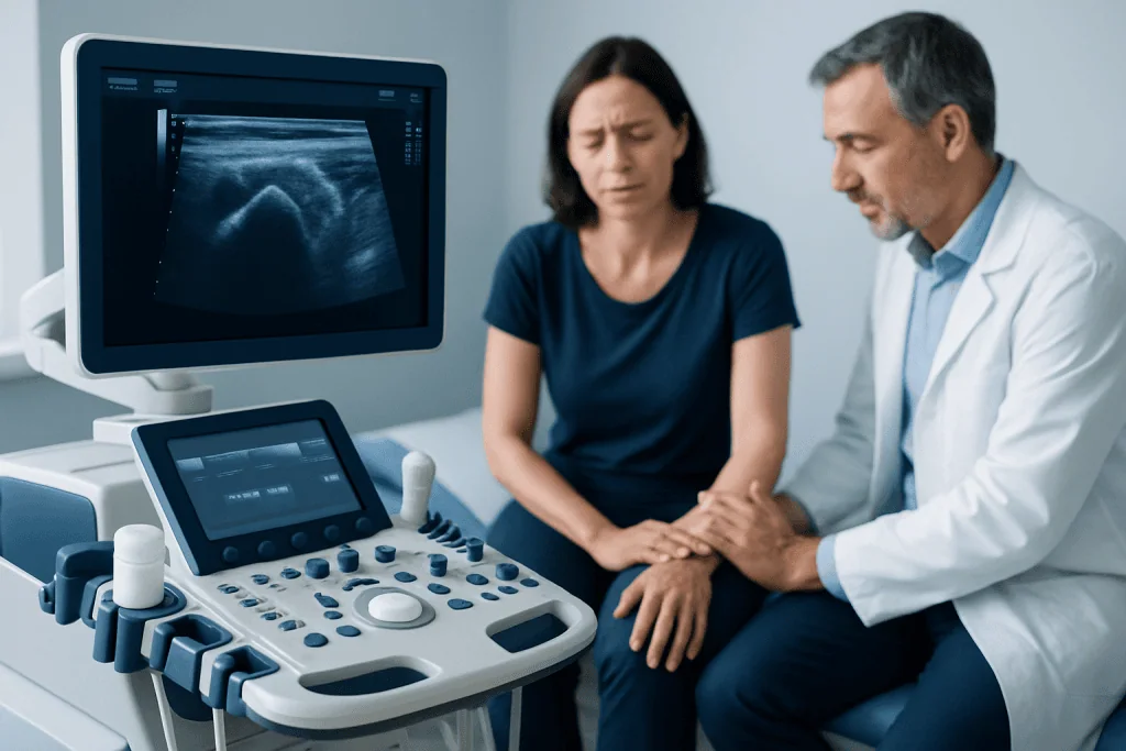 Doctor explaining ultrasound results to a patient in a medical clinic.