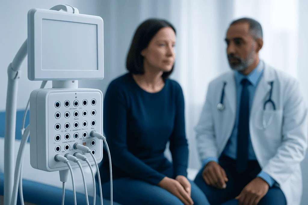 Doctor and patient in a medical consultation with diagnostic equipment.