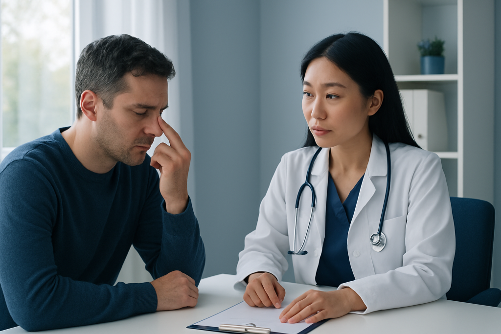 Doctor consulting with patient about nose health and treatment options.