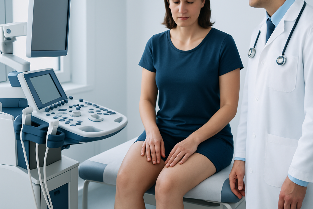 Medical examination of a woman with ultrasound equipment in a clinic.