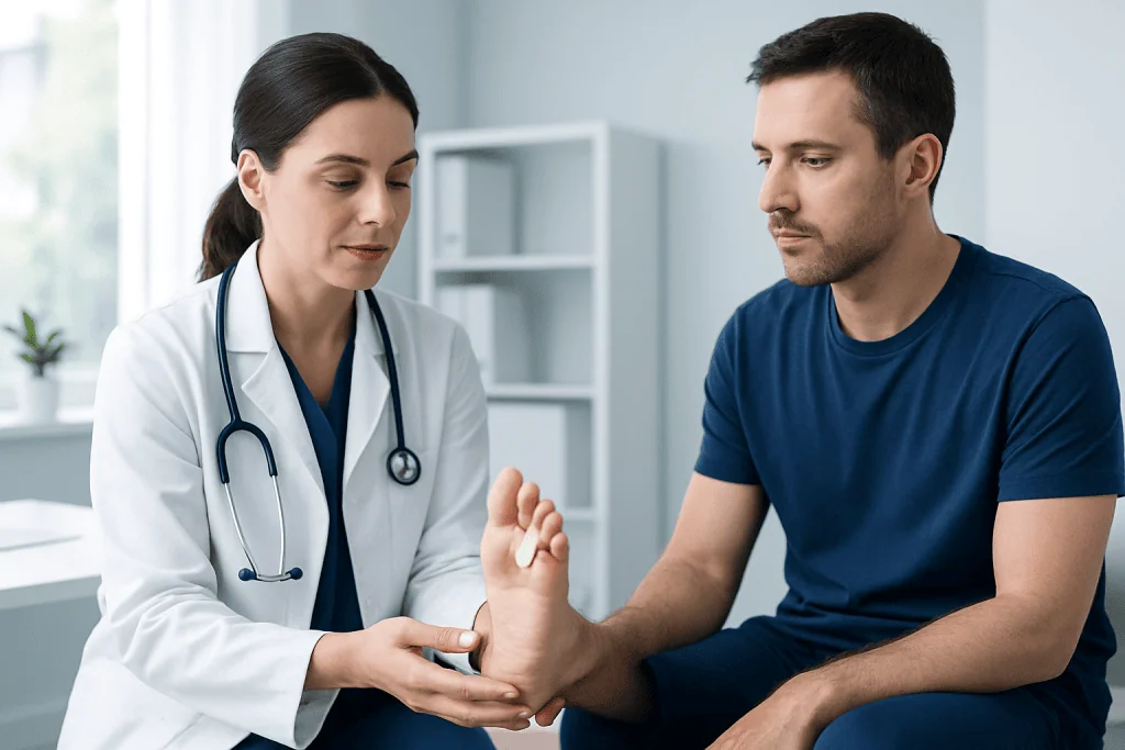 Doctor examining patient's foot for Buddy Tape Toe treatment.
