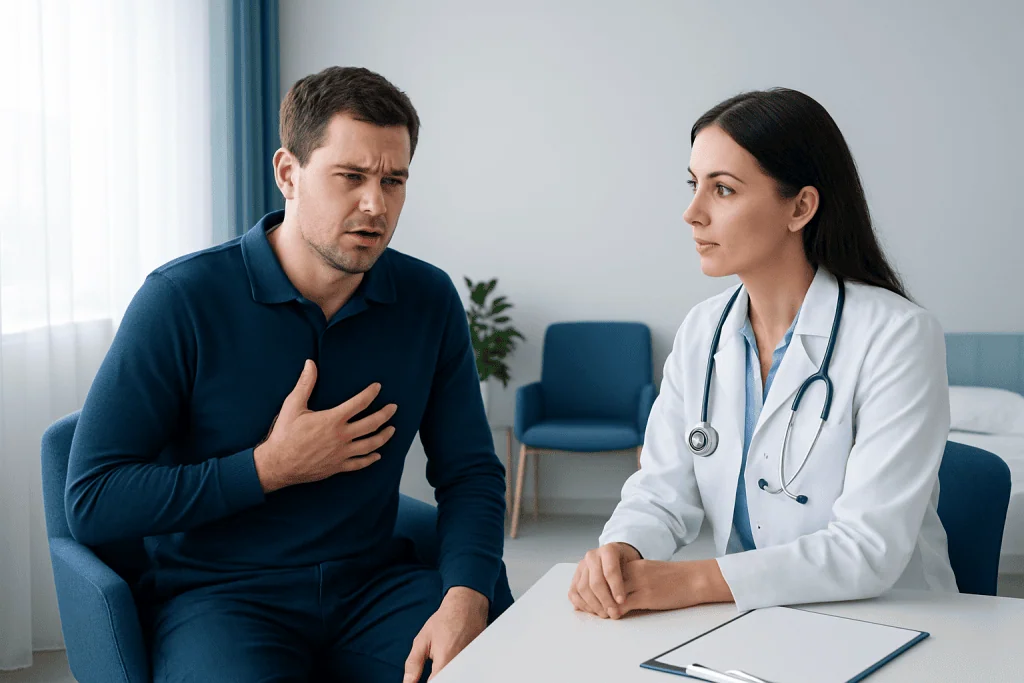 Patient experiencing chest pain during medical consultation at Acibadem Hospital.