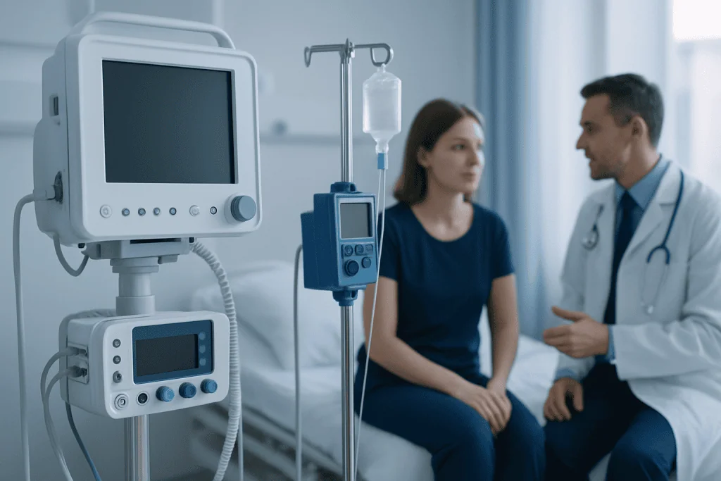 Doctor consulting patient in hospital room with medical equipment.