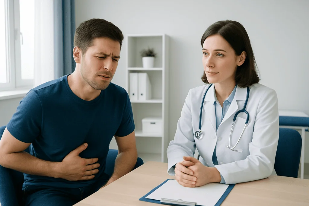 Doctor consulting with a patient experiencing stomach pain.