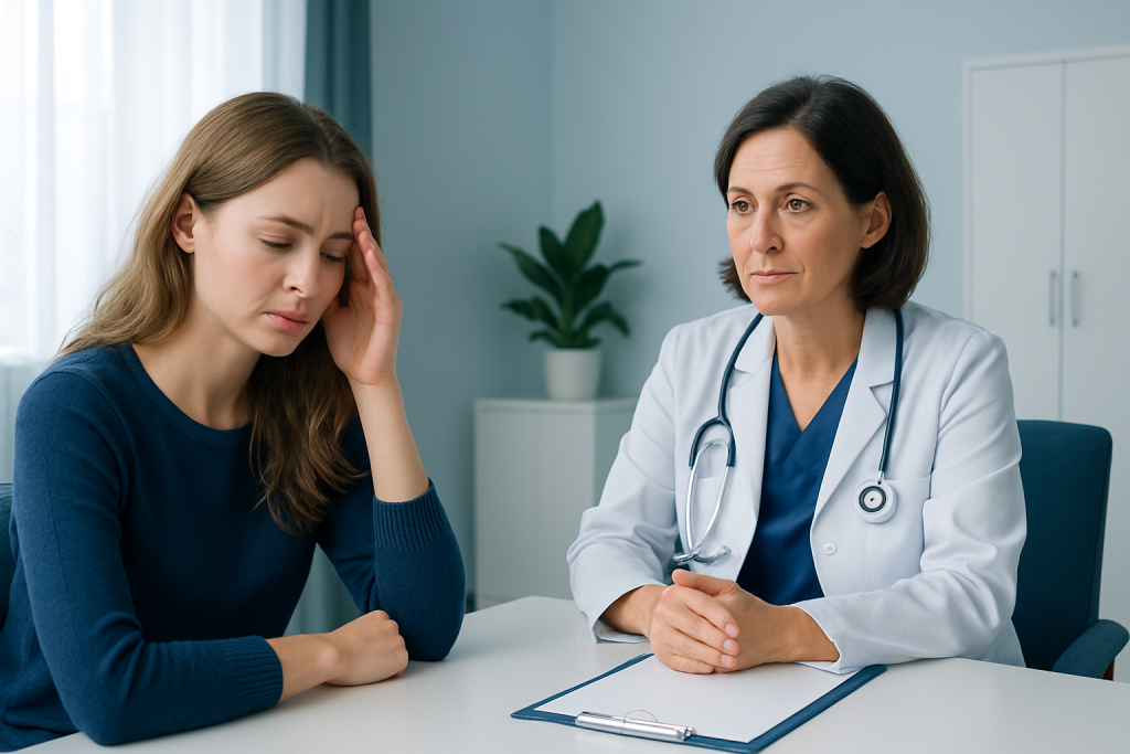 Doctor consulting with a young woman experiencing headache or stress.