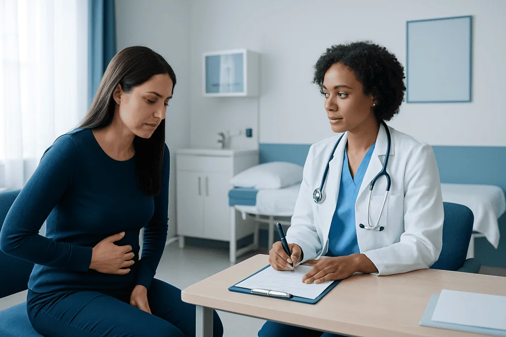 Doctor consulting with a patient in a hospital room.