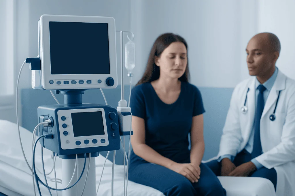Patient in hospital bed with medical monitors and doctor during consultation.