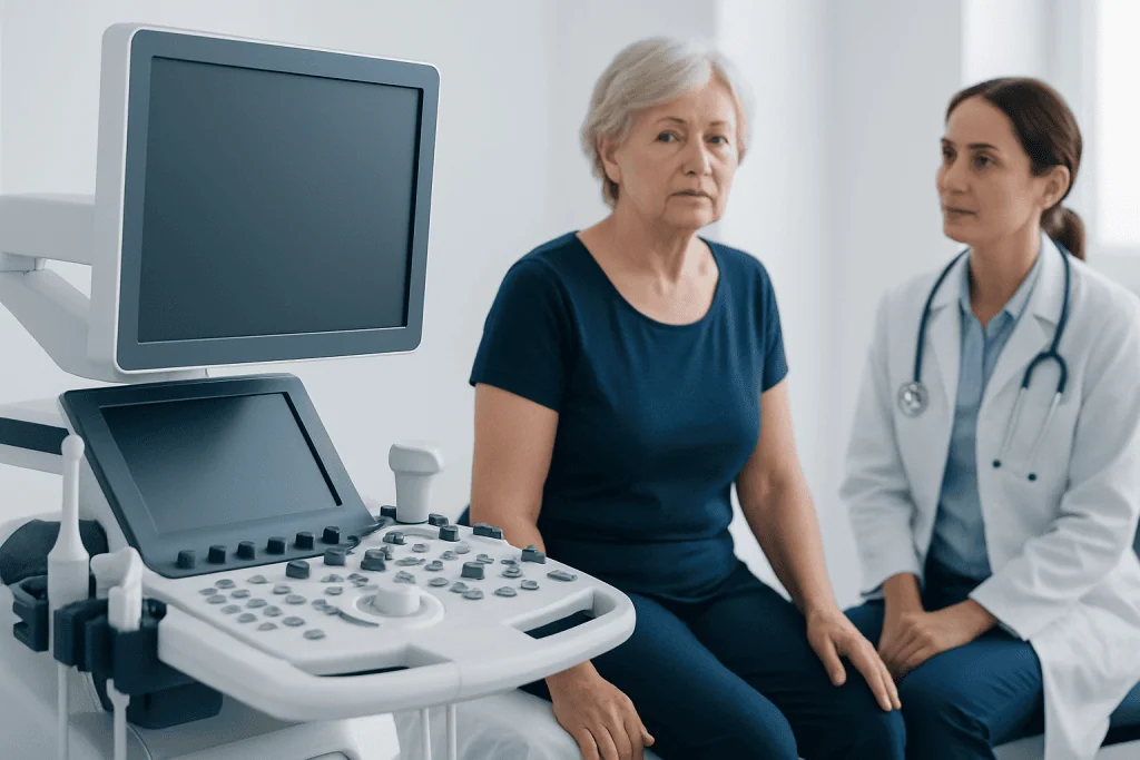 Elderly woman undergoing ultrasound examination at Acibadem Hospital.