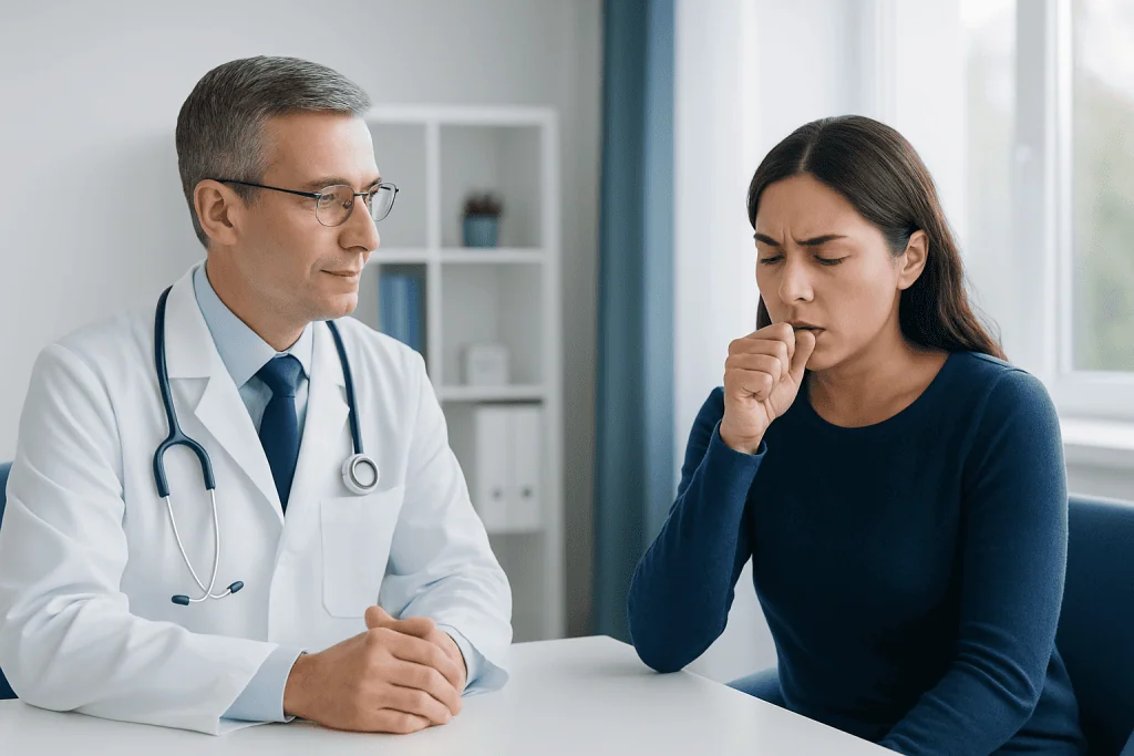 Doctor consulting with a patient about cough and respiratory health.