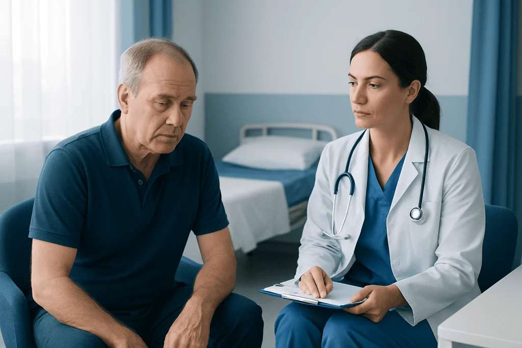 Doctor consulting with an elderly male patient in a hospital room.