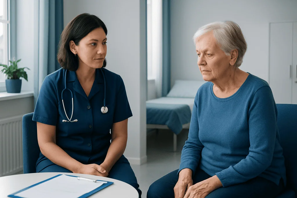Nurse consulting with elderly patient in hospital room.