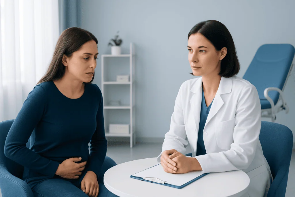 Obgyn consultation with a doctor and patient in a medical office.