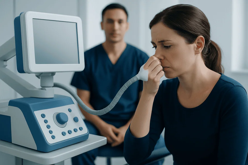 Woman undergoing a medical test with a nasal device at Acibadem Hospital.