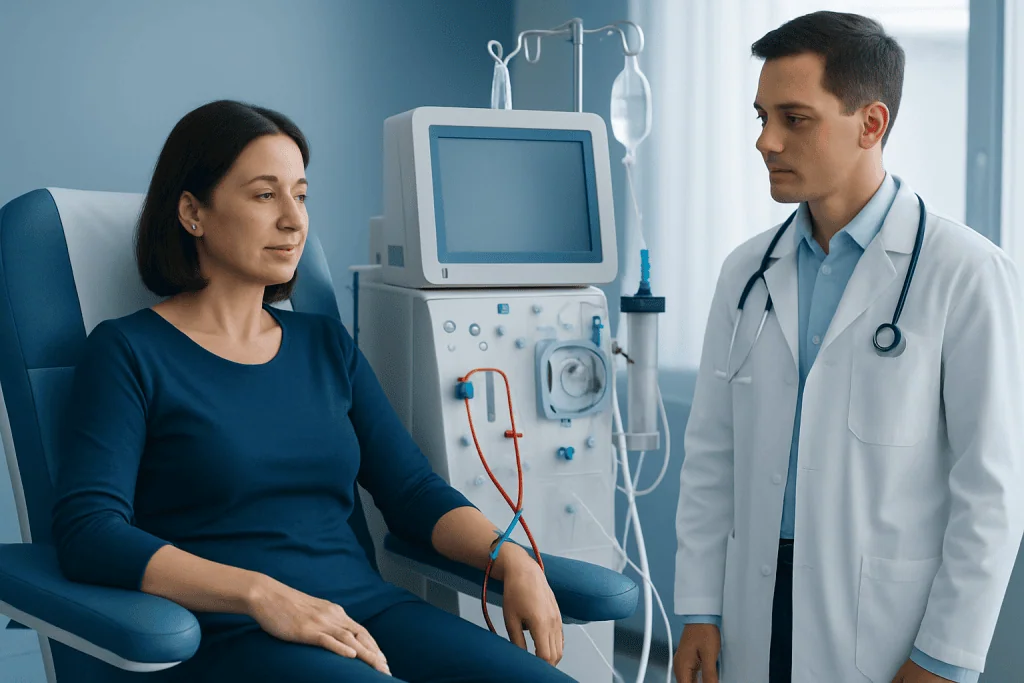 Patient undergoing kidney treatment in a hospital setting with a doctor present.