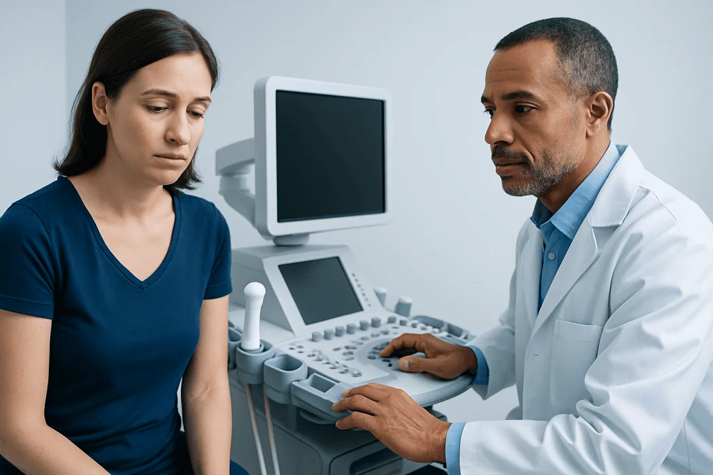 Doctor explaining medical results to a patient in a clinical setting.
