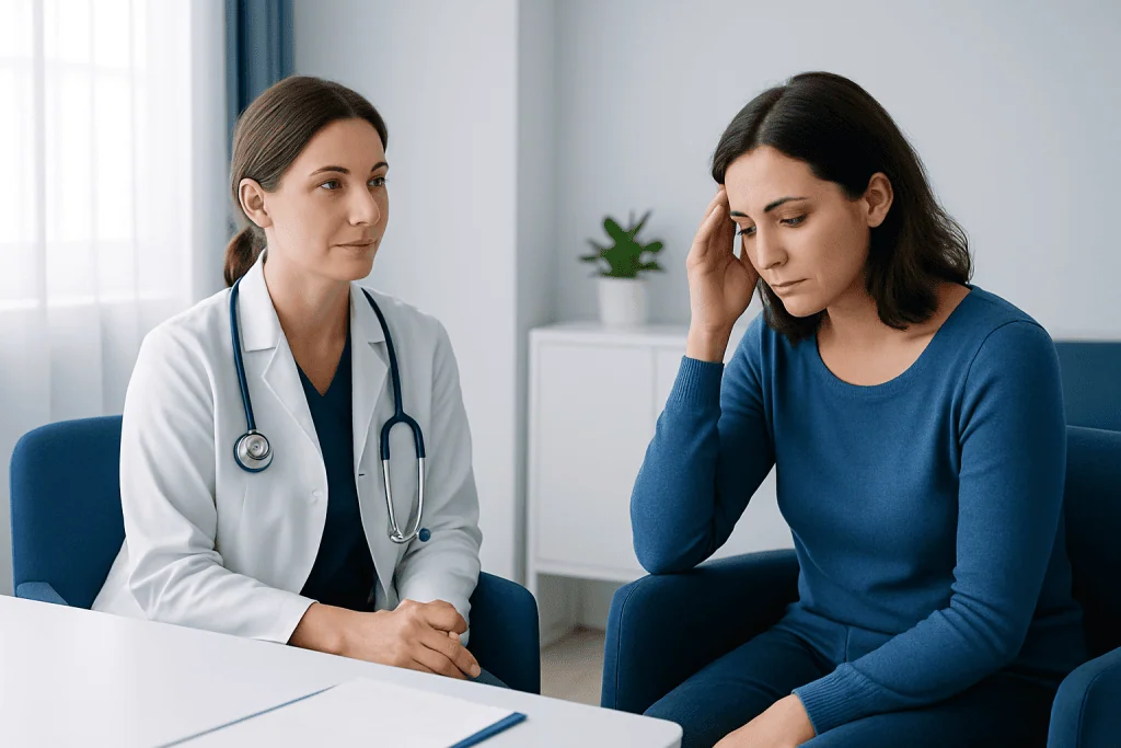 Doctor consulting with a patient about stress and health in a medical office.