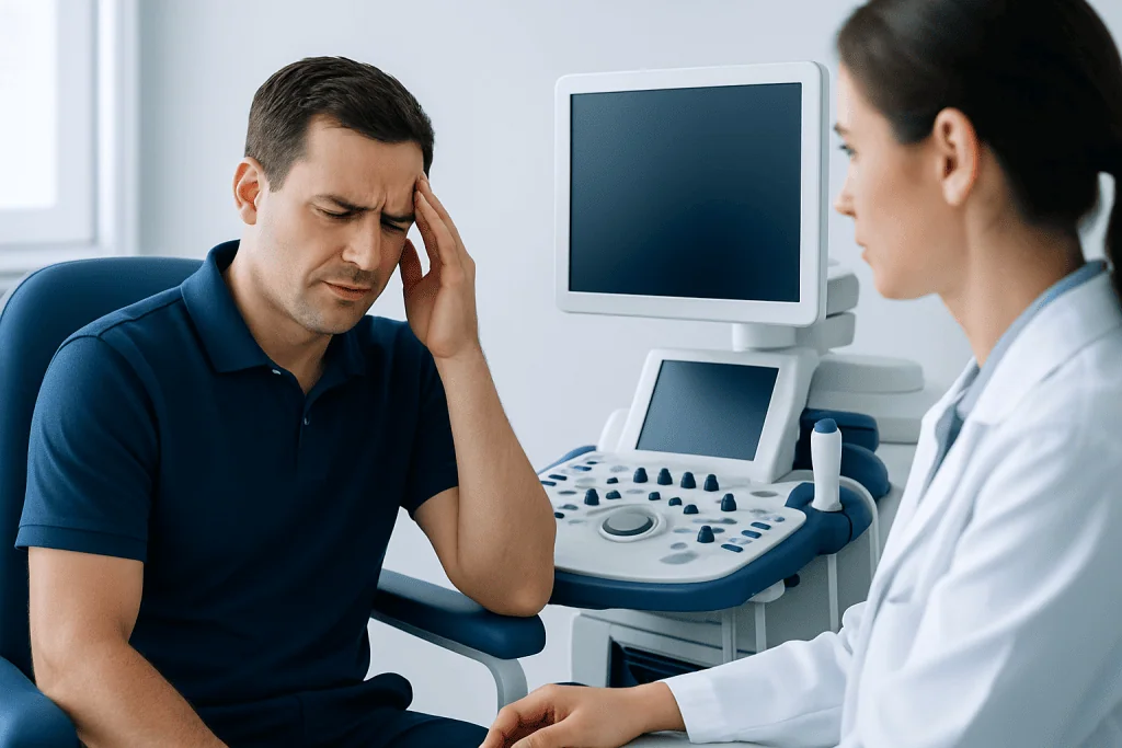 Man experiencing headache during medical consultation at Acibadem Hospital.