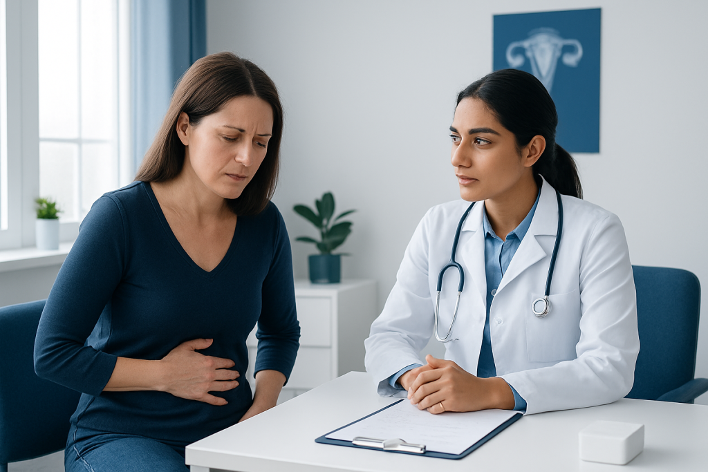 Doctor consulting with a woman patient about abdominal pain.