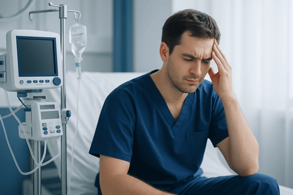 Young man in hospital bed experiencing headache or discomfort.