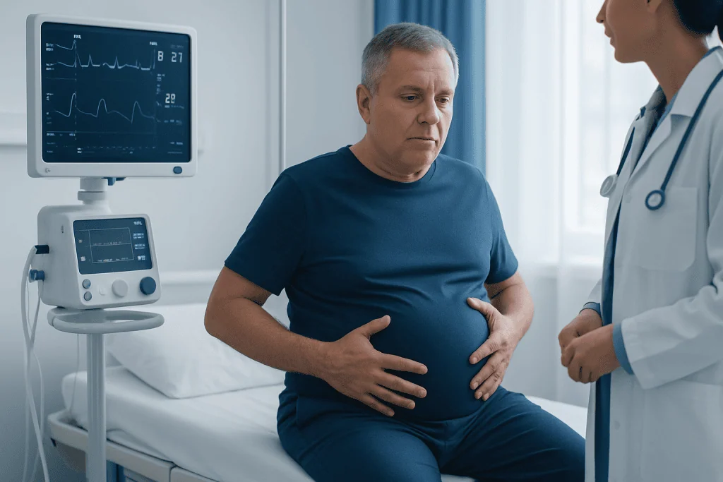 Doctor consulting with a male patient in hospital room with medical monitors.