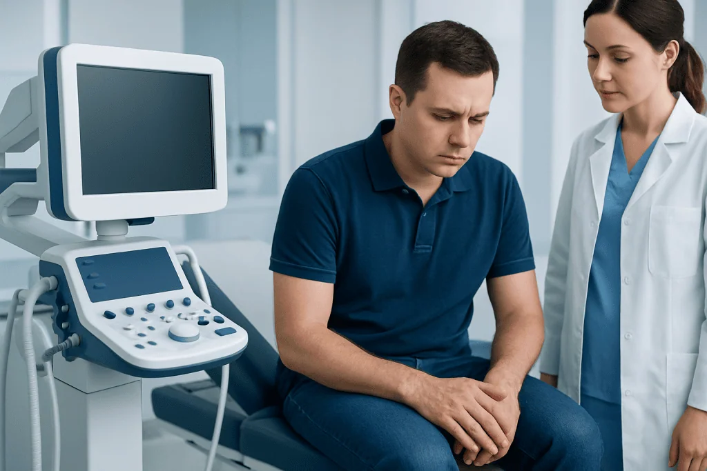 Doctor examining patient with ultrasound machine in clinic.