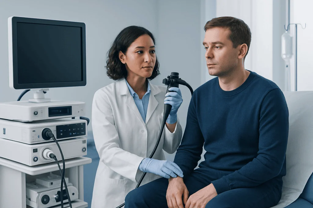 Doctor performs endoscopy on male patient in hospital room.