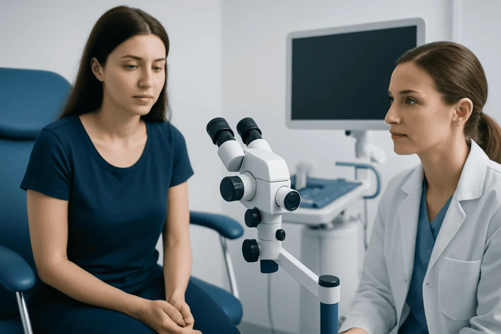 Doctor consulting with patient in medical examination room with microscope.