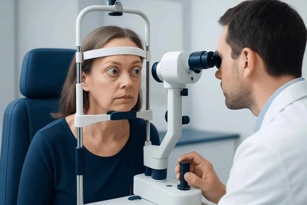 Optometrist examines patient's eyes with slit lamp in clinic setting.