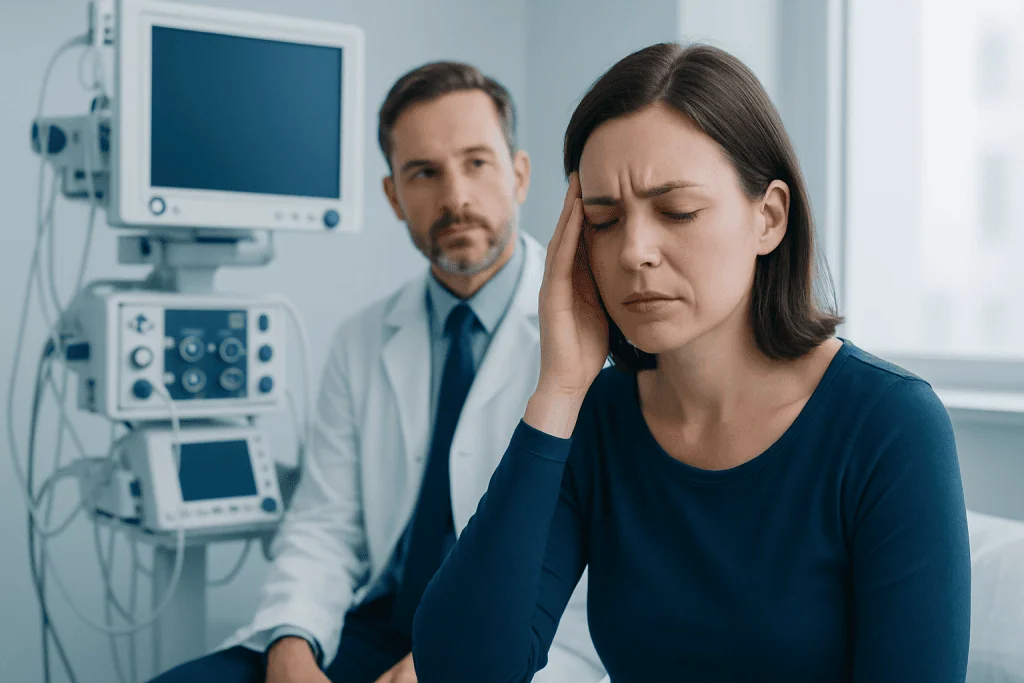 Woman experiencing headache in a medical consultation room.