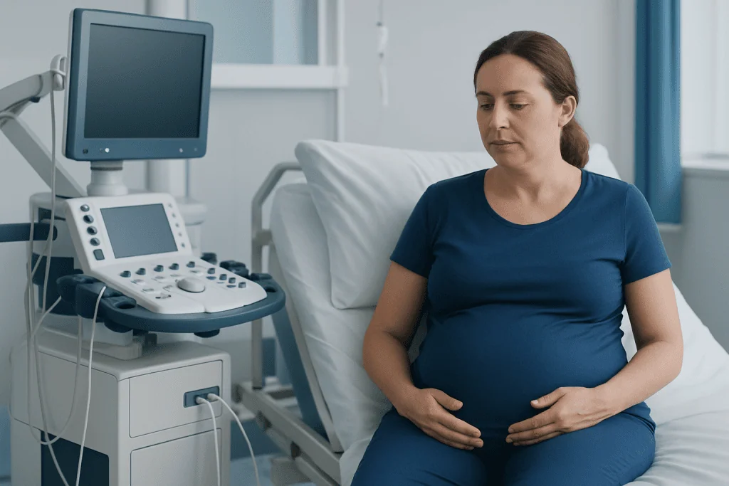 Pregnant woman in hospital bed with ultrasound machine nearby.