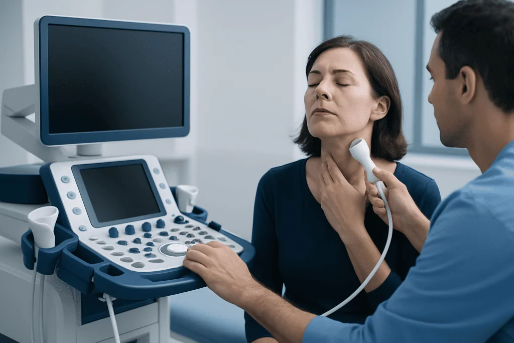 Doctor performs ultrasound exam on a woman with throat discomfort in a medical clinic.