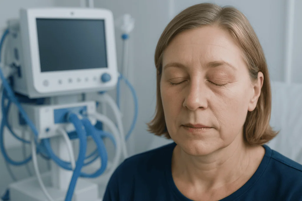 Woman with closed eyes in a medical setting with monitoring equipment.