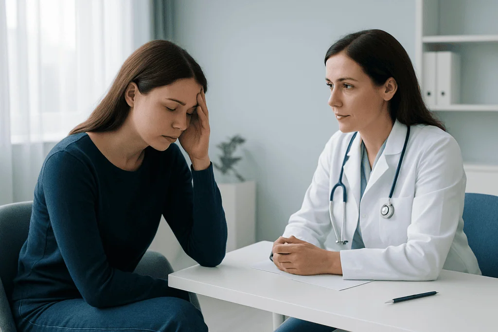Doctor consulting with a young woman patient in a medical office.