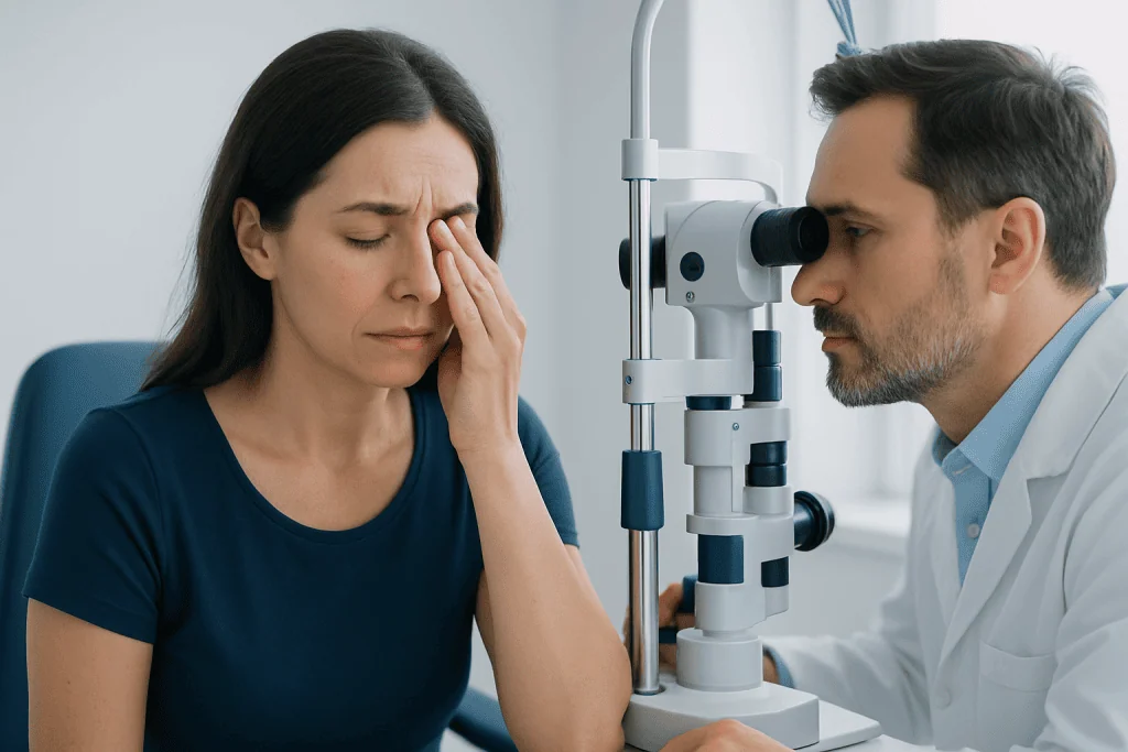 Woman experiencing eye pain during an eye exam at a hospital.