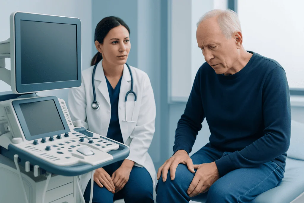 Doctor consulting with a patient about leg pain in a medical clinic.