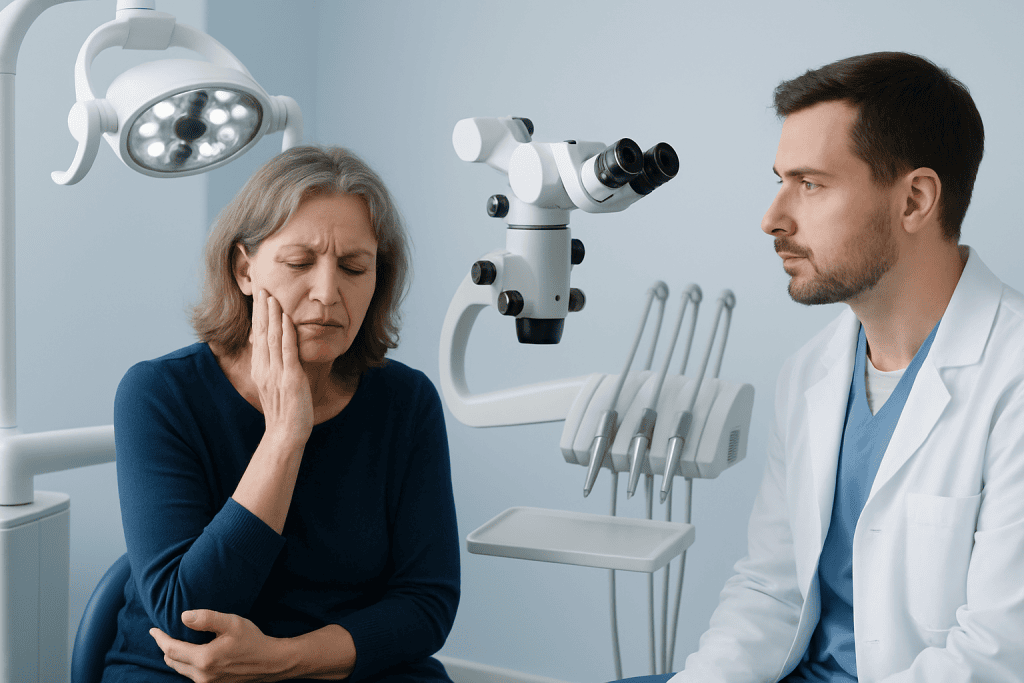 Dentist examining a patient with tooth pain in a clinical setting.