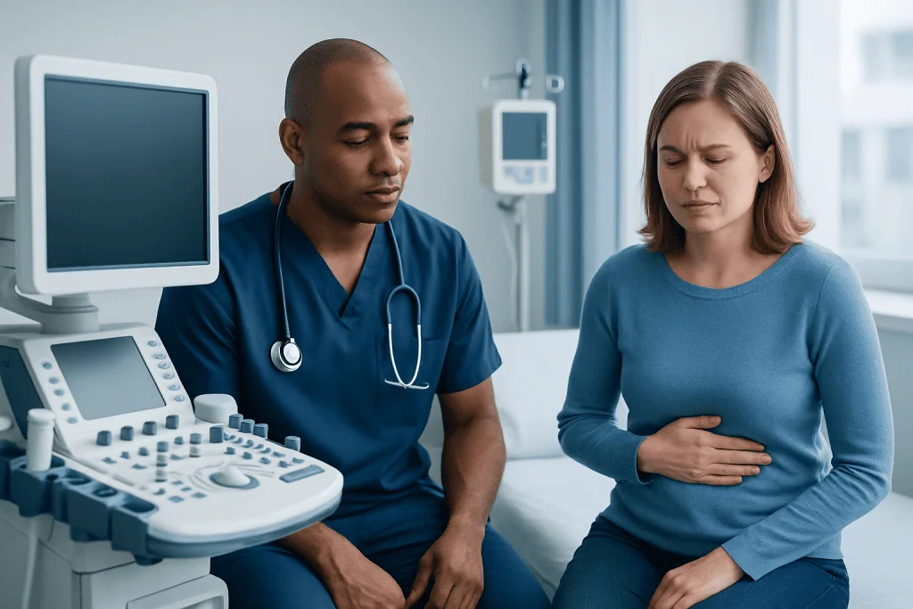 Doctor and patient discussing symptoms in a hospital room.