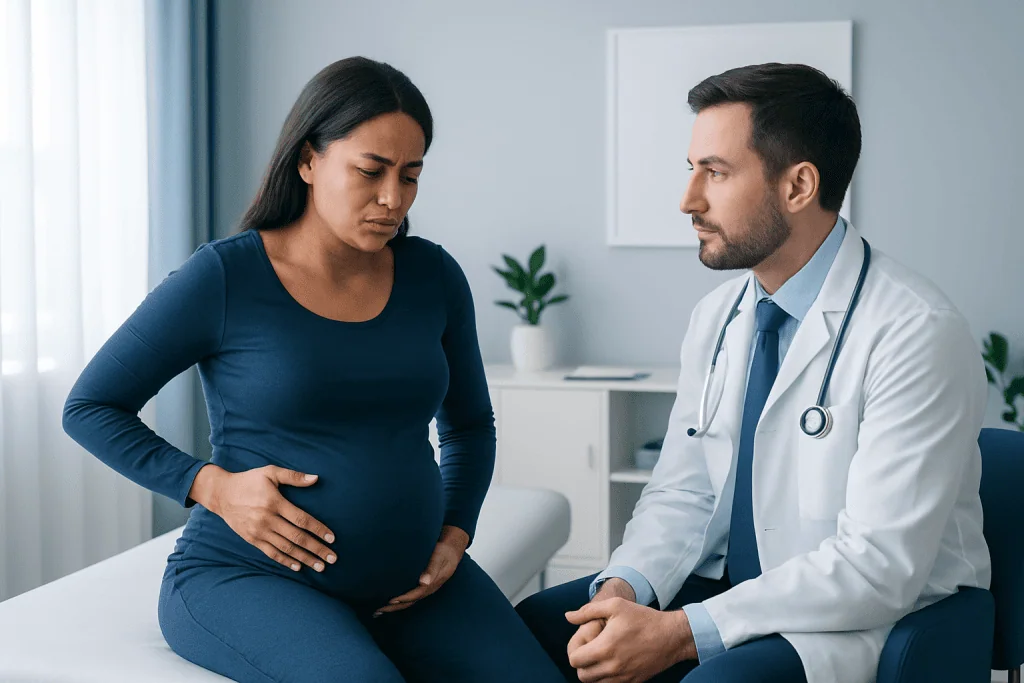 Pregnant woman consulting with doctor about abdominal pain.