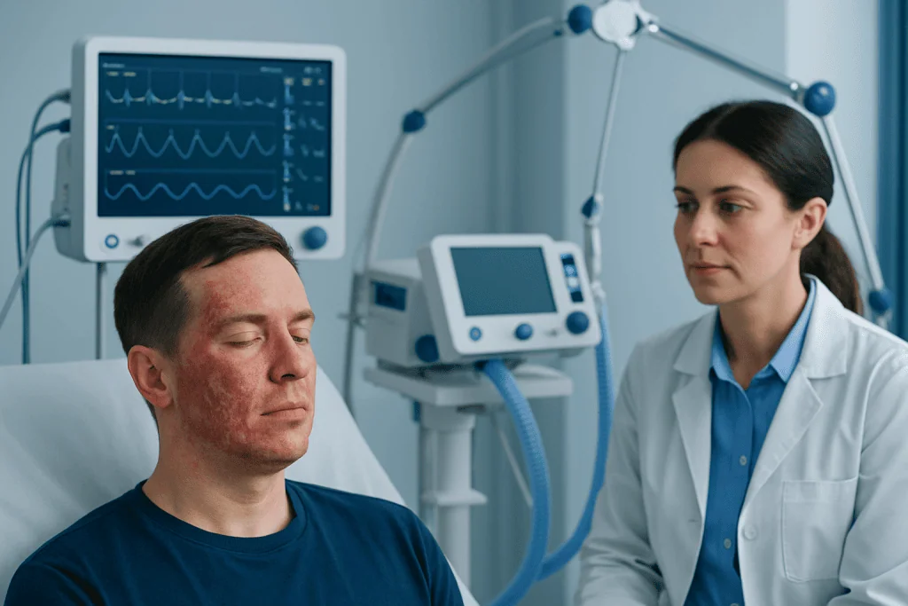 Common symptoms and how severity can vary — chemical burn on face