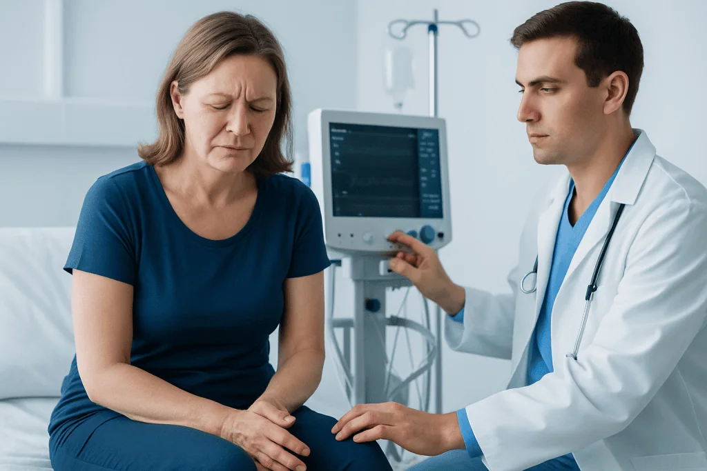 Doctor examining a woman with symptoms of tetany in a hospital setting.